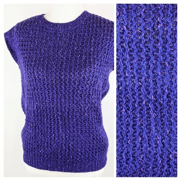 Women's Purple Sleeveless Knit Sweater Top Chunky Weave Pullover Sweater Vest - Picture 1 of 8